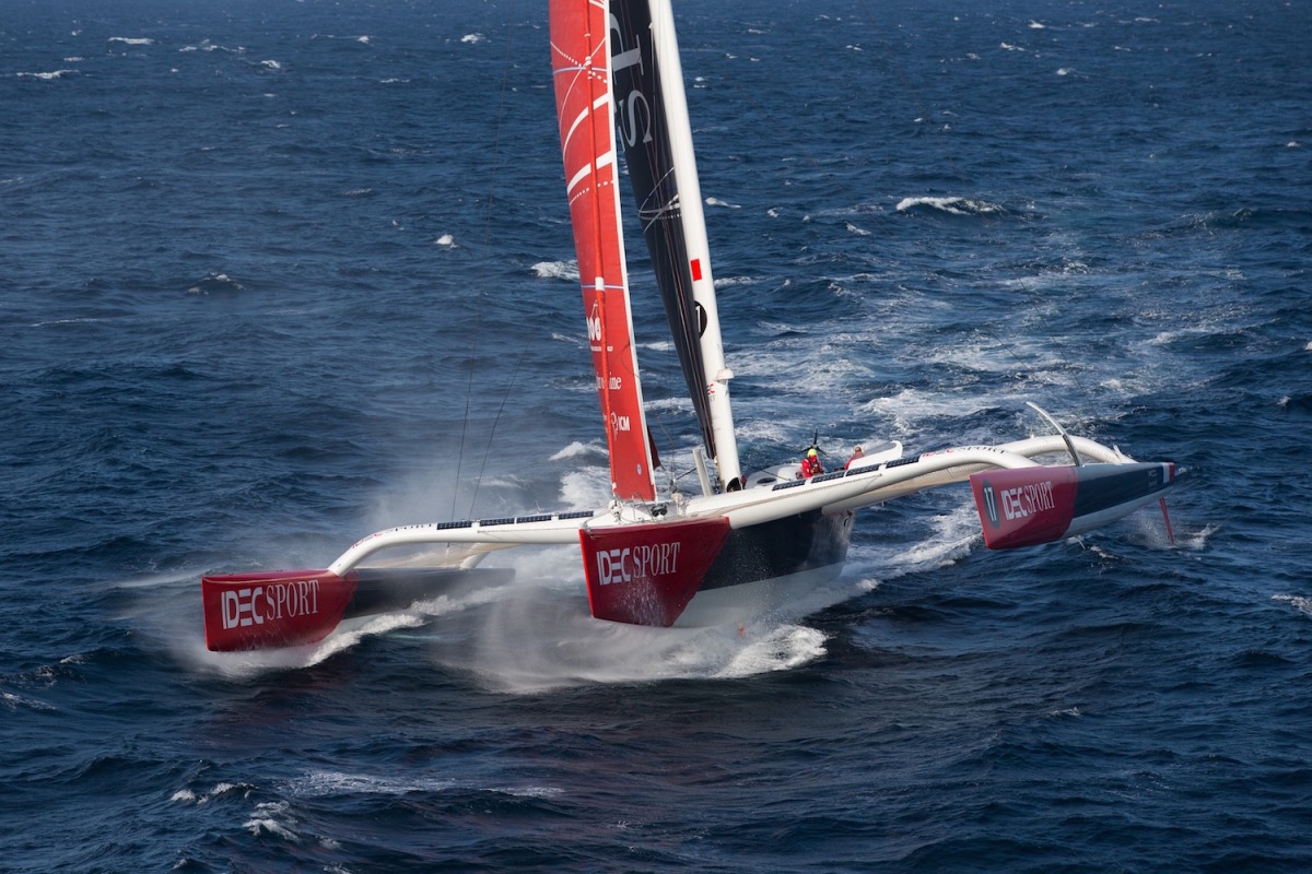 First aerial images of IDEC SPORT maxi trimaran, skipper Francis Joyon and his crew, training off Belle-Ile, Brittany, on octobe First aerial images of IDEC SPORT maxi trimaran, skipper Francis Joyon and his crew, training off Belle-Ile, Brittany, on octobe